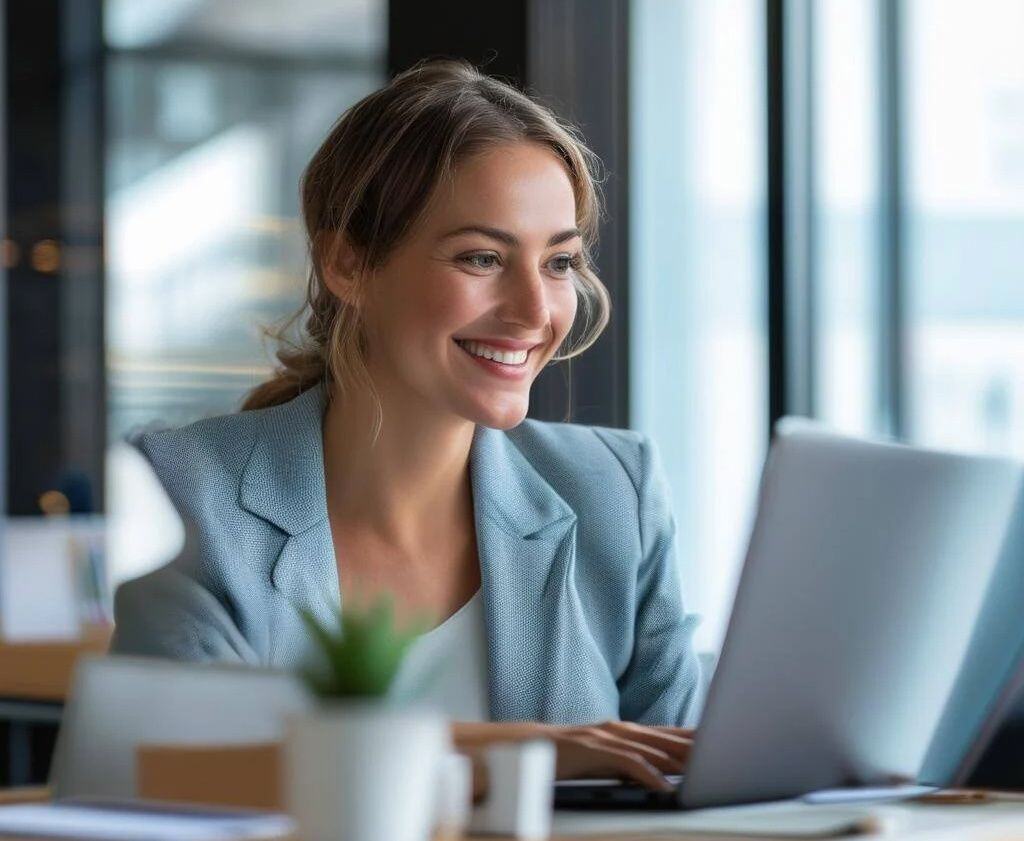 happy-business-woman-looking-at-laptop-screen-in-office-settings